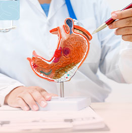manos de medico señalando un estomago 3d