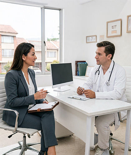 mujer ejecutiva hablando con doctor de chequeo