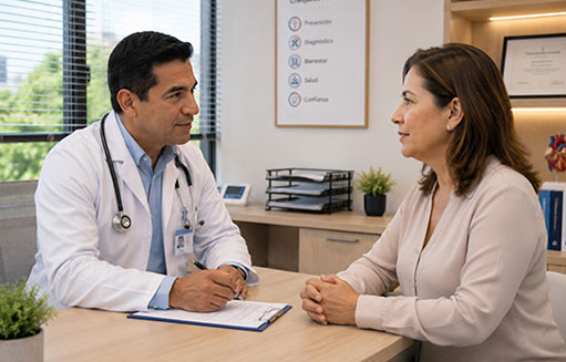 mujer en consulta con doctor en chequeo medico