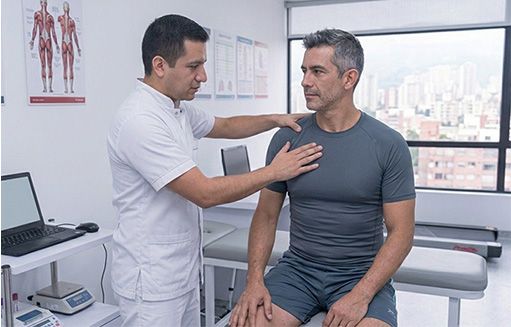 doctor analiza pecho de hombre en chequeo medico