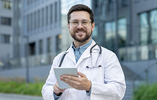 Medico sonriendo con tablet en la mano